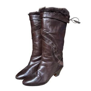 70s Bally boho chic castle core brown leather fur lined slouch boots size 8.5